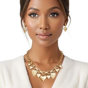Heart Charm Gold Puffy Heart Statement Necklace And Earrings Set